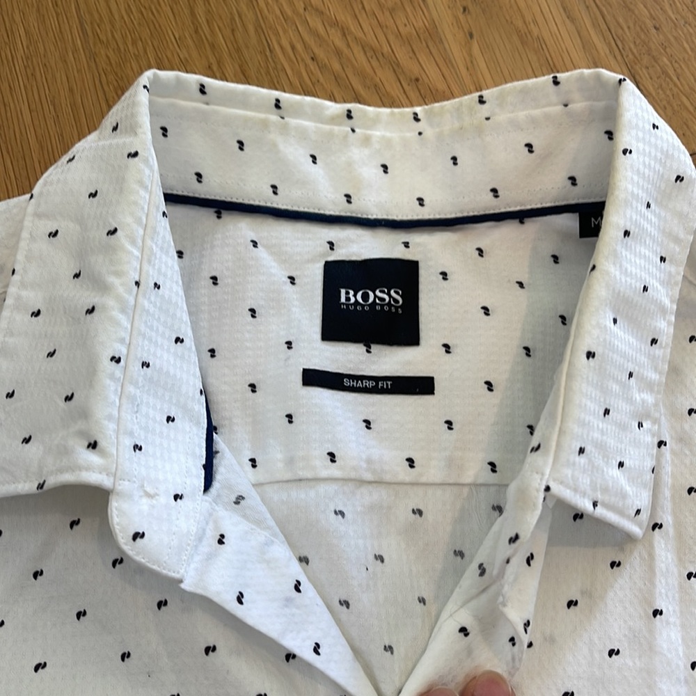 Boss 100% Cotton White with Black spots short sleeved collared shirt